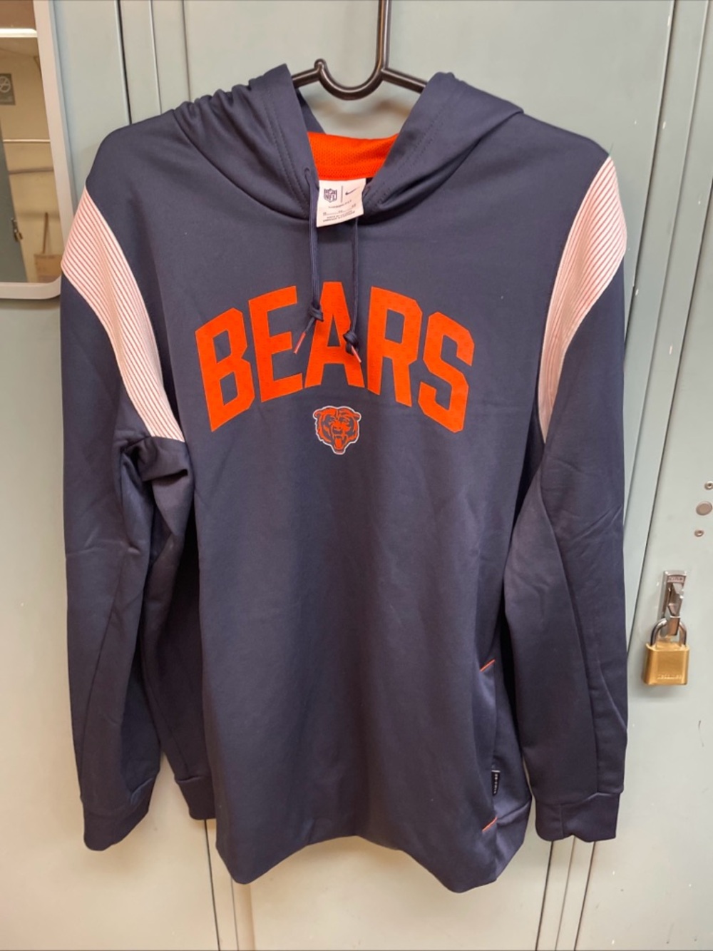 NFL Nike Chicago Bears Navy Hoodie with Orange Team Script